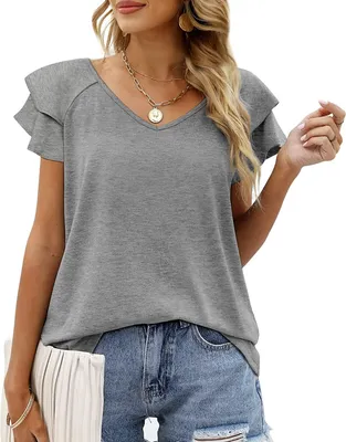 Produktbild von ASKSA Damen T-Shirt Kurzarm V-Ausschnitt Rüsche Sommer Basic Oberteil Casual Loose Tunika Tops, Grau, M