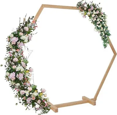 Obrázok produktu pre Svadobný oblúk – drevo – šesťuholníkový – pozadie – záhrada – pergola – tabuľa – svadba – štandardný – 245 x 210 cm