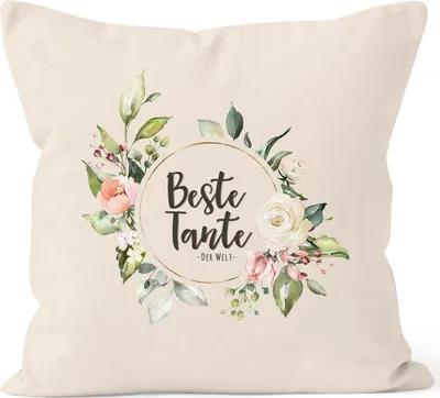 Produktbild von Kissen-Bezug Beste Tante der Welt Watercolor Geschenk Kissen-Hülle Deko-Kissen Baumwolle MoonWorks® natur unisize