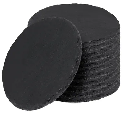 Productafbeelding van Ronde leisteen onderzetters zwart 12 cm, set van 12 stuks, antislip, voor glazen, kopjes en dranken