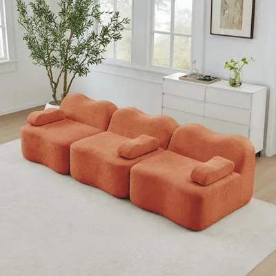 Image de Canapé modulable trois places de forme ondulée, velours, mousse 32D, assise profonde, 288 x 98 x 70 cm, orange