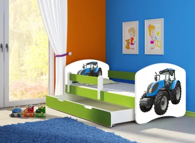 Produktbild von ACMA Jugendbett Kinderbett Junior-Bett Komplett-Set mit Matratze Lattenrost und Rausfallschutz Grün 42 Traktor 180x80 + Bettkasten