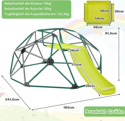 Immagine prodotto di Cupola da arrampicata per bambini con scivolo, piattaforma in tessuto, capacità 180 kg