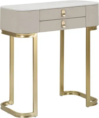 A console table with two drawers and golden legs.