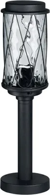 A black outdoor lantern on a stand.