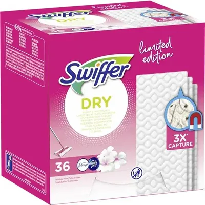 Zdjęcie produktu dla Ściereczki do podłóg Swiffer Dry, opakowanie uzupełniające, 36 sztuk, edycja limitowana, kolor różowy