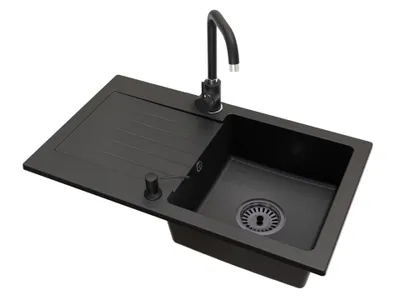 Produktbild von Küchenspüle Einbecken Leon Siphon Schwarz Armatur Steel Seifenspender