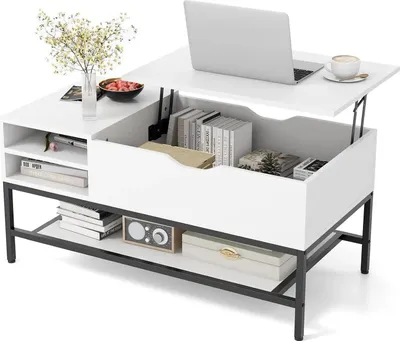Produktbild von Couchtisch - Hochklappbare Tischplatte - Höhenverstellbar, Versteckter Stauraum, Holz - Weiß