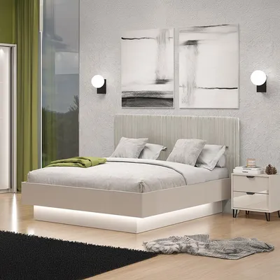 Image de Caprezzo - Lit Double, Gris Taupe, Tête de Lit Rembourrée Effet Velours