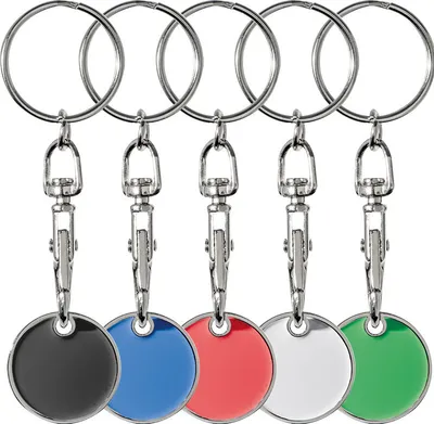 Produktbild von 5x Metall Schlüsselanhänger mit Einkaufschip / 5 verschiedene Farben
