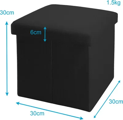 A black fabric storage ottoman with dimensions indicated by measurement lines and text.