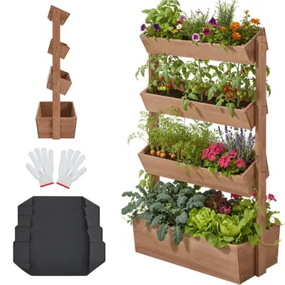 Produktbild von Yaheetech Vertikaler Hochbeet, 4-stufig, 45° neigbar, Pflanzbeet aus Tannenholz, wetterfest, Frühbeet Gartenbeet, Dunkelbraun