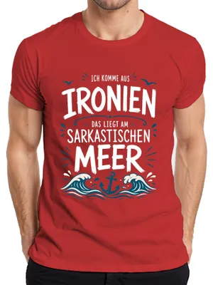 Immagine prodotto di T-shirt da uomo, colore rosso, taglia M, con scritta "Vengo dal mare dell'ironia e del sarcasmo"