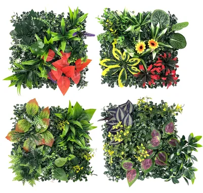 Image de 4 murs végétaux artificiels de 25 x 25 cm, panneaux végétaux en plastique résistants aux UV pour l'intérieur et l'extérieur, panneaux muraux végétaux décoratifs pour le jardin, le balcon, le salon, le bureau -A