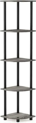 Produktbild von PolkaHome® Eckregal mit 5 Ebenen, Holz, Eiche Grau/Schwarz, 29,46 x 29,46 x 146,56 cm