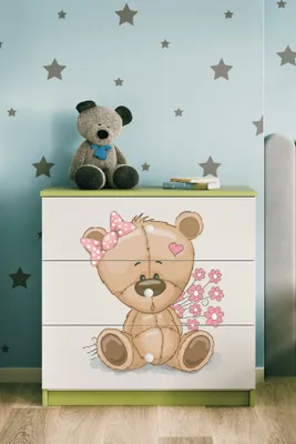 Produktbild von Kinderkommode mit Schubladen Teddybär Blumen in der Farbe Grün Babydreams