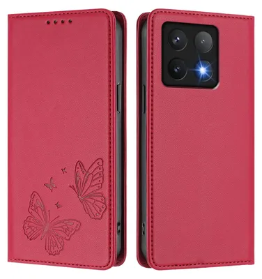 Produktbild von Lederhülle für Xiaomi 14T, Schmetterling Prägung Leder Brieftasche Schutzhülle mit Ständer Rot