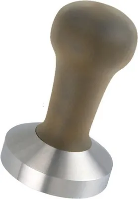 A coffee tamper with a wooden handle and a metal base, isolated on a white background.