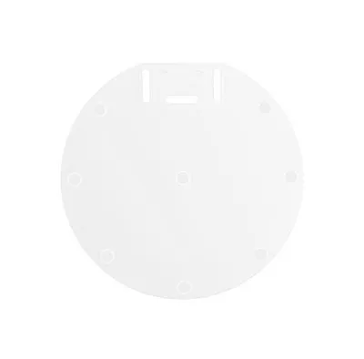 A white circular object with mounting holes and a central mounting bracket, isolated on a white background.