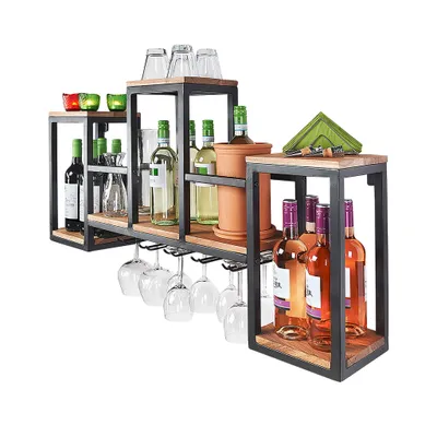A wall-mounted wine rack with bottles, glasses, and decorative items.