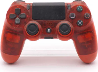 A red translucent Sony DualShock 4 controller is shown from the front.