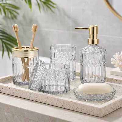 Produktbild von INONEFT 5-tlg Badezimmer-Set, Trinkglas, Seifenschale, Zahnbürstenhalter, Seifenspender, Behälter für Wattestäbchen, Glas, Transparent