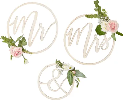 Zdjęcie produktu dla Drewniane obręcze Mr & Mrs, 2x 35cm, 1x25cm