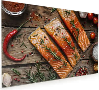 Produktbild von Küchenrückwand Spritzschutz Glas mit Motiv Lachsfilets 40 x 40 cm