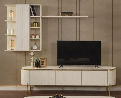 Produktbild von Casa Padrino Luxus TV Schrank Set Weiß / Gold - Wohnzimmer Sideboard mit Hängeschrank - Wohnzimmer Möbel - Hotel Möbel - Luxus Möbel