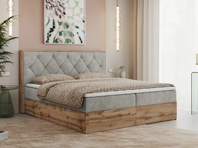 Produktbild von MKS MEBLE Boxspringbett 180x200 mit Bettkasten Eiche, Polsterbett 180x200 mit Matratze H3, Bett 180x200 mit Kopfteil, Bett mit Holzrahmen in Wotan Eiche - Hellgrau Struktur - Veneto