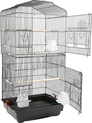 Produktbild von WYCTIN Vogelkäfig Voliere 46x36x93 cm, Metall Kunststoff Schwarz, einfacher Aufbau ohne Werkzeug, mit außenliegenden Futter- & Wassernäpfen und Sitzstangen, tiefes Bodenteil mit Schmutzfang, für Wellensittiche, Kanarienvögel, Unzertrennliche, Finken, Nymphensittiche, Sperlingspapageien, Papageien, Exoten, XL