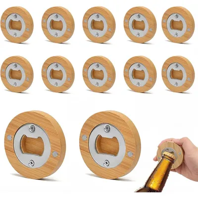 Immagine prodotto di Apertiscatole in legno rotondi con magnete, confezione da 12 pezzi, diametro 6,5 cm, con inserto in acciaio inossidabile, set regalo