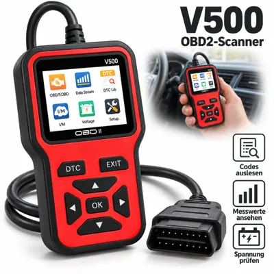 Produktbild von OBD2 Diagnosegerät Auto mit Farbdisplay – KFZ OBD Scanner & Fehlerauslesegerät, Fehlercodes lesen & löschen, Live-Daten, Spannung – Rot/Schwarz