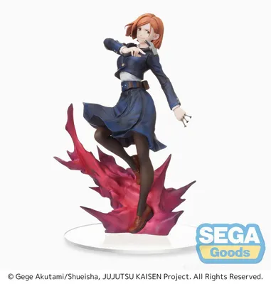 A figurine of a female anime character in a dynamic pose, standing on a red, flame-like base.