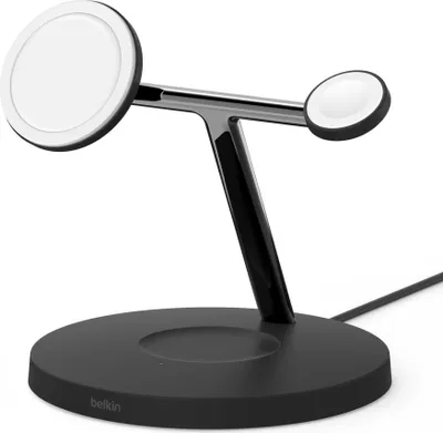 A black Belkin 3-in-1 wireless charging stand with two charging pads, one larger and one smaller, on a white background.