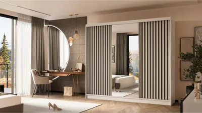 Zdjęcie produktu dla Szafa z lamelami i lustrem LARA 240 cm Biała szafa przesuwna z czarnymi lamelami na froncie Gładka trzydrzwiowa Szafa z lamelami i lustrem Szafa na ubrania z szufladami i lamelami