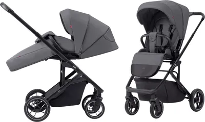 A studio shot of a gray stroller, shown in two different configurations.