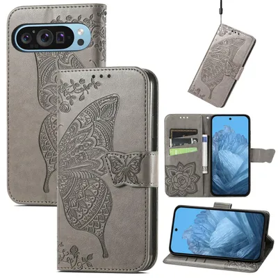 Produktbild von Für Google Pixel 9 / 9 Pro Kunstleder Wallet Handy Tasche Schmetterling Design Hülle Etuis Grau