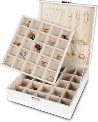 Image de Armoire à bijoux classique avec 50 compartiments et une double poche de rangement, de couleur blanche