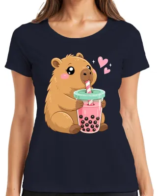 Immagine prodotto di T-shirt da donna con stampa "Kawaii Capybara Boba Bubble Tea Süß Wasserschwein Japan Nagetier", colore blu navy, taglia L