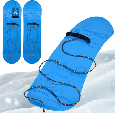 A collage of blue snowboards on a white background and a close-up of one snowboard on snow.