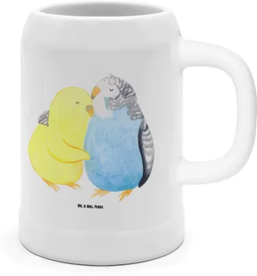 Produktbild von Mr. & Mrs. Panda Seidel Wellensittich Liebe - Weiß - Geschenk, Steinzeugkrug, Verliebt, Steinkrug, Bier Humpen, glücklich, Jahrestag, Verknallt, Krug, Umarmen