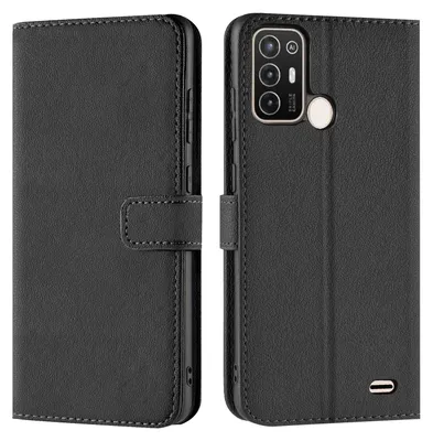 A black flip case for a smartphone, shown from the front and back.