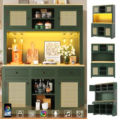 Image de Armoire haute à LED avec système d'éclairage – Armoire en rotin PE avec dispositif anti-basculement, étagères réglables et tiroirs, grande armoire de rangement pour la cuisine et le salon