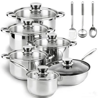 Obrázek produktu pro Sada nerezových hrnců a pánví pro indukční vařiče, 15 dílů, stříbrná barva, s nepřilnavým povrchem, obsahující 5 hrnců, 1 pánev, 6 poklic a 3 kuchyňské pomůcky