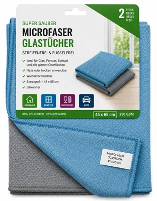 Produktbild von Microfasertücher Glastücher 2er Set 45 x 65 cm, 250 GSM