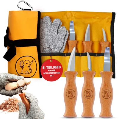 Produktbild von Eli®Schnitzmesser Kinder Set ab 6 Jahre, hochwertiges 5-teiliges Kindermesser Schnitzset inkl. schnittfeste Handschuhe, Kinderschnitzmesser, Messer