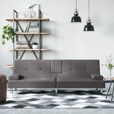 Image de The Living Store Canapé-lit avec porte-gobelets Gris Similicuir