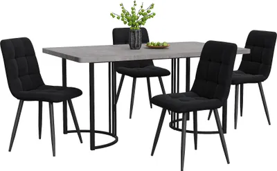 Produktbild von Essgruppe (5-tlg) Esstisch 140¡Á80cm mit 4 Stuehlen Set Kuechentisch Set Schwarz Metallbeinen Grau MDF Tischplatte Schwarz Samt Esszimmerstuehle