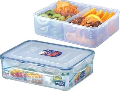 Two transparent food storage containers filled with food, one stacked on top of the other.
